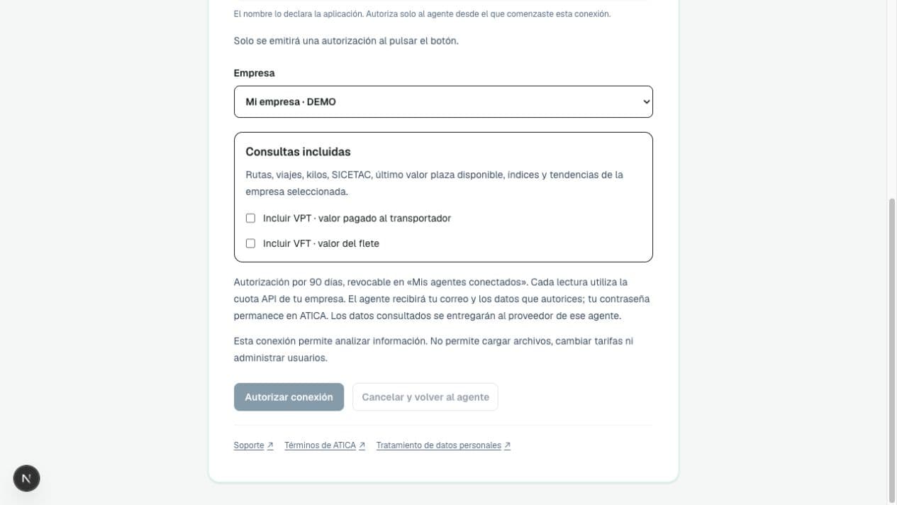 Pantalla de consentimiento ficticio de un agente ATICA