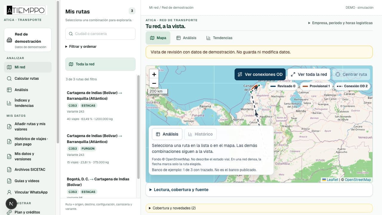 Mapa y listado de una red de tres combinaciones de demostración